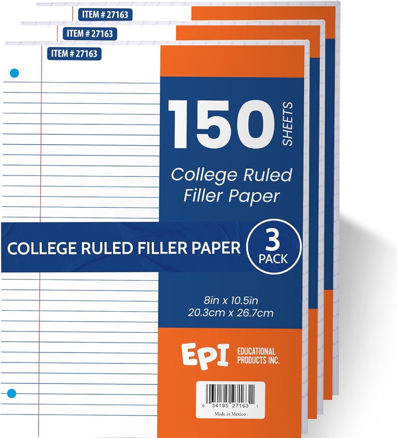 EPI Filler Paper | College Ruled | Loose Leaf, 3-Hole Punched, 10.5 x 8 in, 150 Sheets | School, Office, Notes, Binder Refill - 3 Pack - Image 1
